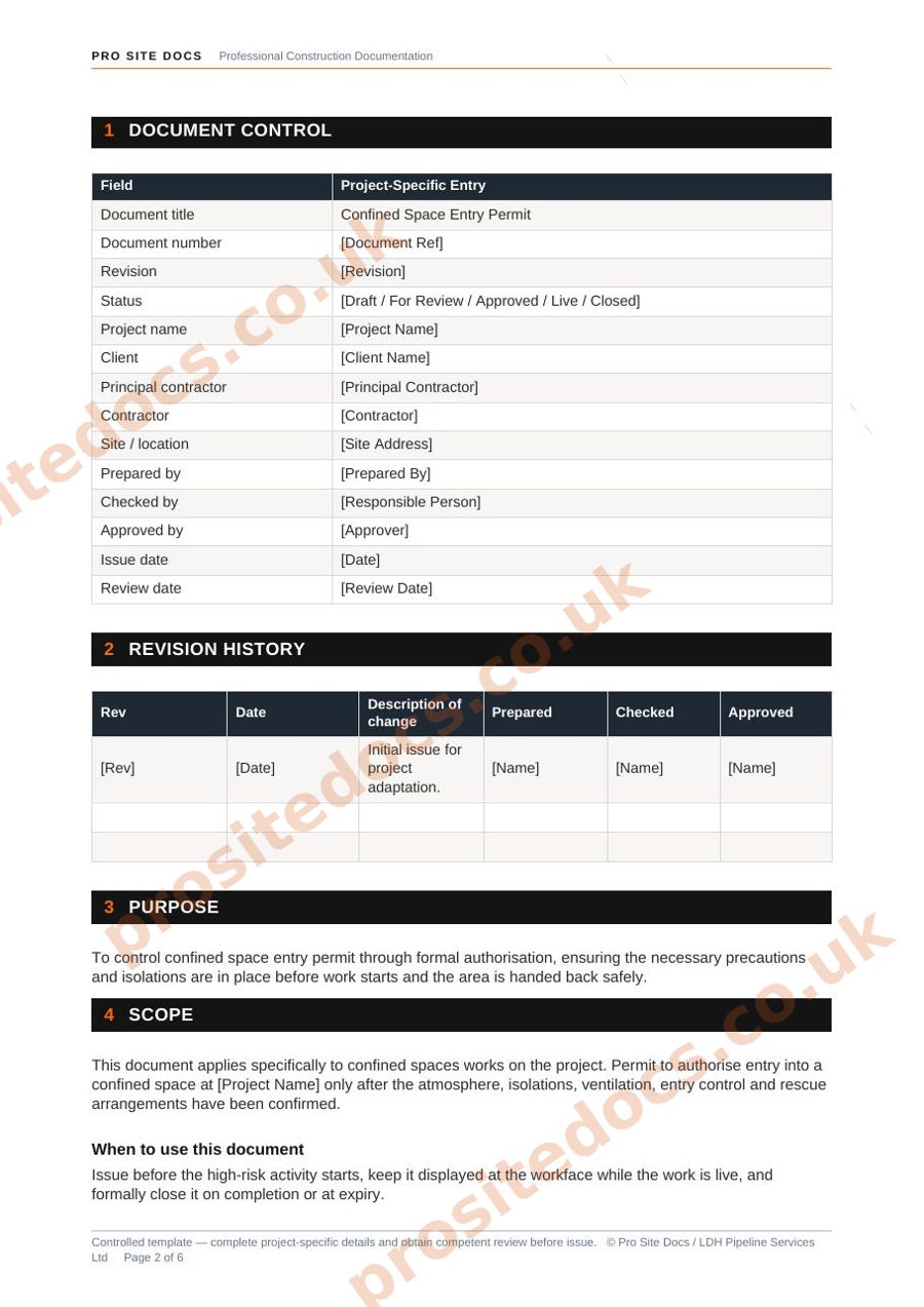 Confined space permit inside page sample
