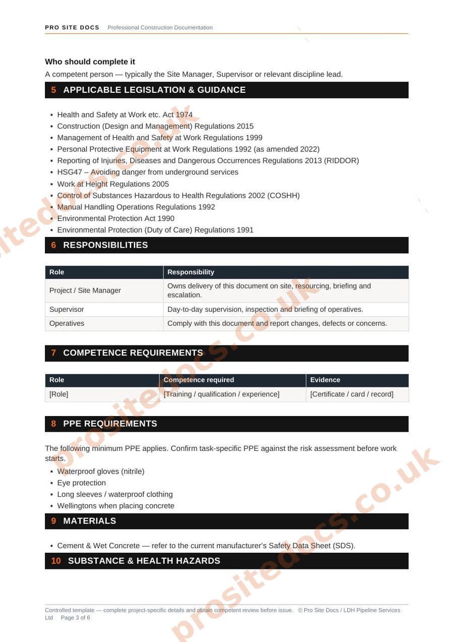 COSHH assessment inside page sample