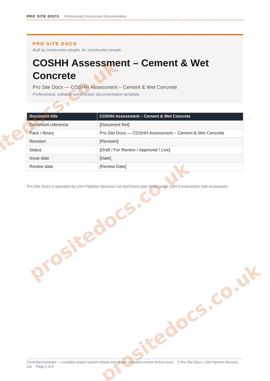 COSHH assessment cement and wet concrete template sample