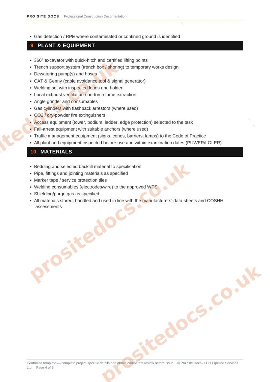 Excavation RAMS template plant and materials page sample
