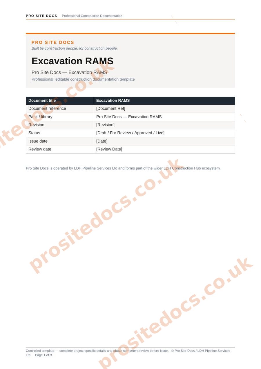 Excavation RAMS template cover page sample