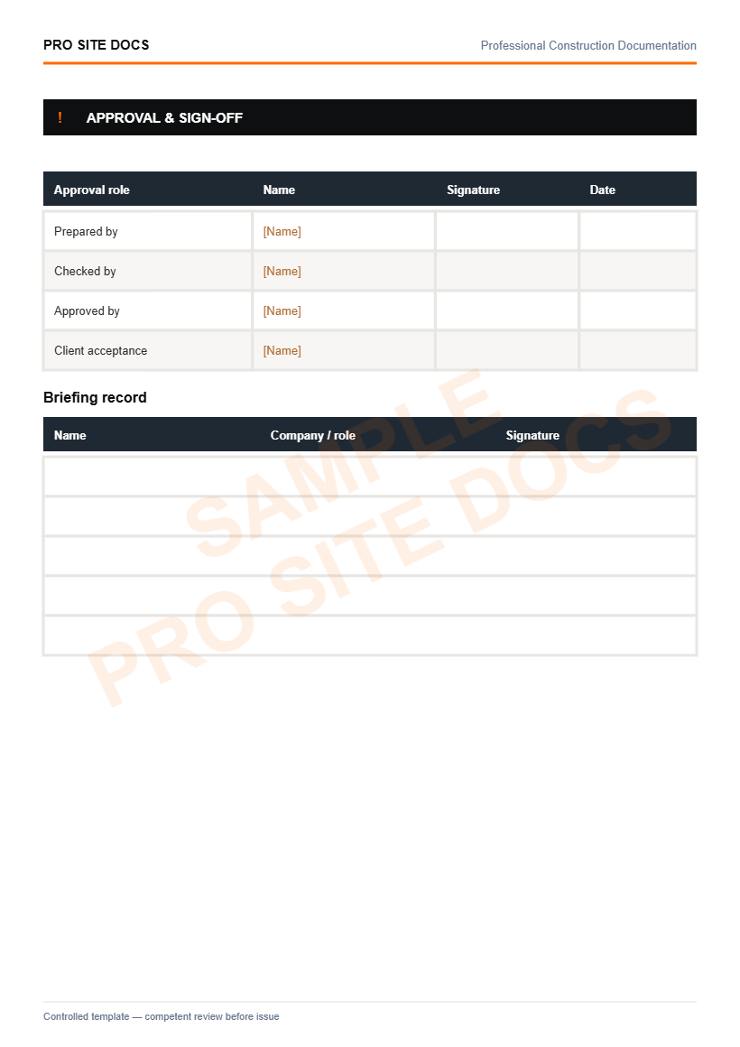 Sample approval and sign-off page — editable Word construction document